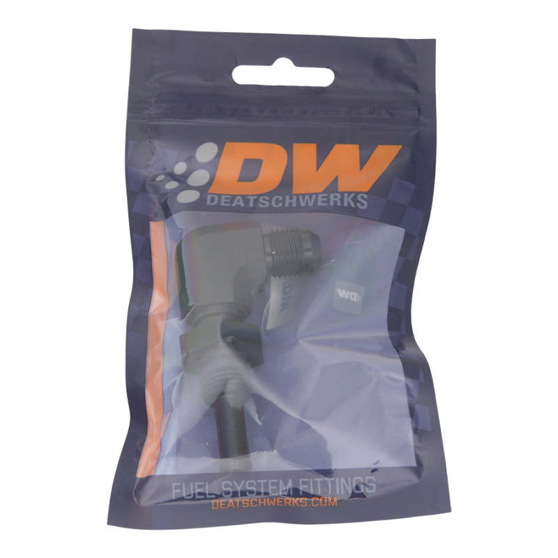 DeatschWerks 6AN Male Flare to 5/16in Male Barb Bulkhead Adapter 90-Degree - Anodized Matte Black DeatschWerks Fittings AXOPROS
