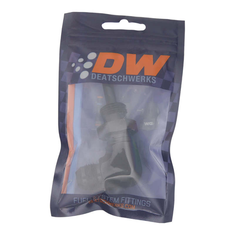 DeatschWerks 8AN Male Flare to 5/16in Male Barb Bulkhead Adapter 90-Degree - Anodized Matte Black DeatschWerks Fittings AXOPROS