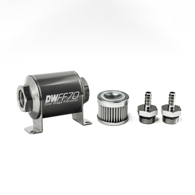 DeatschWerks Stainless Steel 5/16in 10 Micron Universal Inline Fuel Filter Housing Kit (70mm) DeatschWerks Fuel Filters  AXOPROS