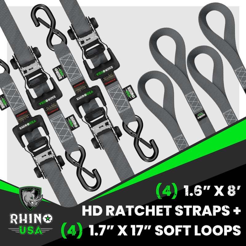 Rhino USA Heavy Duty Ratchet Tie-Down 4-Pack (Gray) 1.6In X 8Ft Rhino USA Cargo Tie-Downs AXOPROS