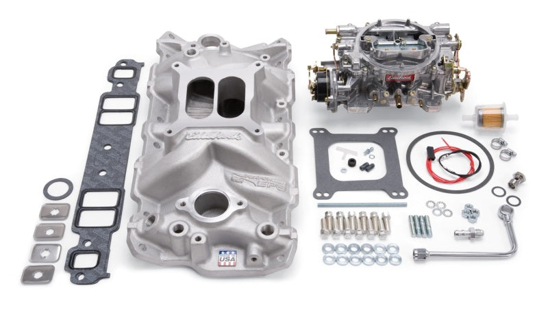 Edelbrock Manifold And Carb Kit Performer Eps Small Block Chevrolet 1957-1986 Natural Finish Edelbrock Intake Manifolds AXOPROS
