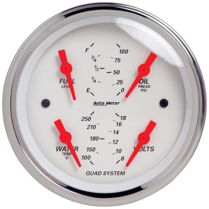 Autometer Arctic White 3-3/8in Quad Gauge 100 PSI/100-250 Deg F / 8-18V / 240-33 Ohm AutoMeter Gauges AXOPROS