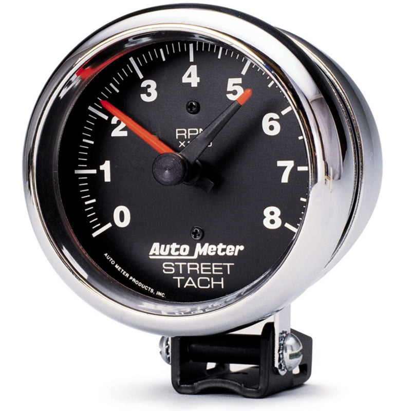 Autometer Traditional Chrome 3-3/4in 8k w/ Red Line Tachometer AutoMeter Gauges AXOPROS