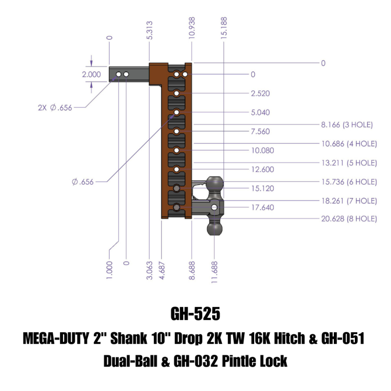 Gen-Y Mega Duty 2in Shank 10in Drop 2K TW 16K Hitch w/GH-051 Dual-Ball/GH-032 Pintle Lock GEN-Y Hitch Hitch Receivers AXOPROS