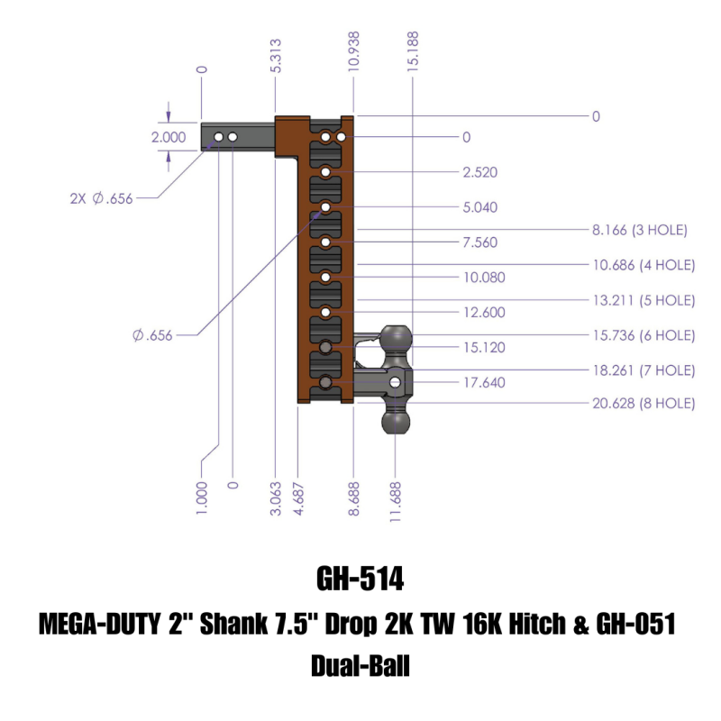 Gen-Y Mega Duty 2in Shank 7.5in Drop 2K TW 16K Hitch w/GH-051 Dual-Ball GEN-Y Hitch Hitch Receivers  AXOPROS
