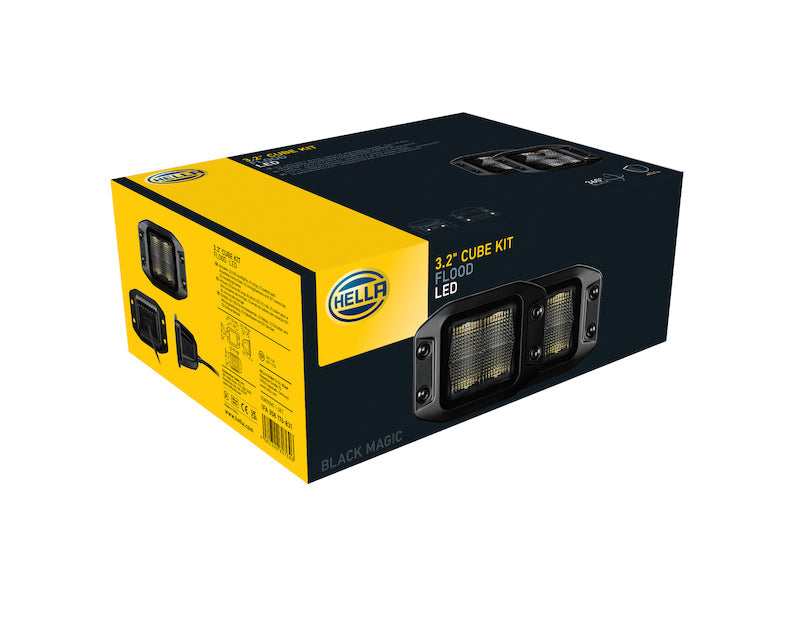 Hella Universal Black Magic 3.2in L.E.D. Cube Kit - Flood Beam (Flush Mount) Hella Fog Lights AXOPROS