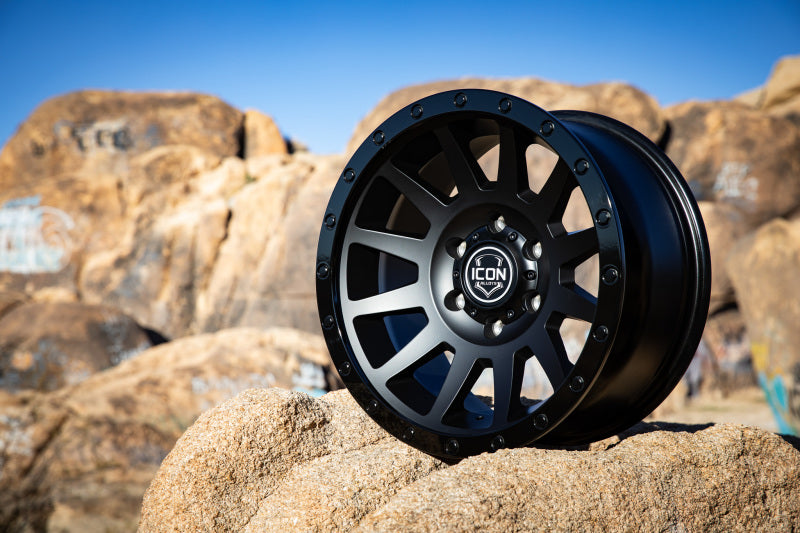ICON Compression 18x9 6x5.5 0mm Offset 5in BS 106.1mm Bore Double Black Wheel ICON Wheels - Cast AXOPROS