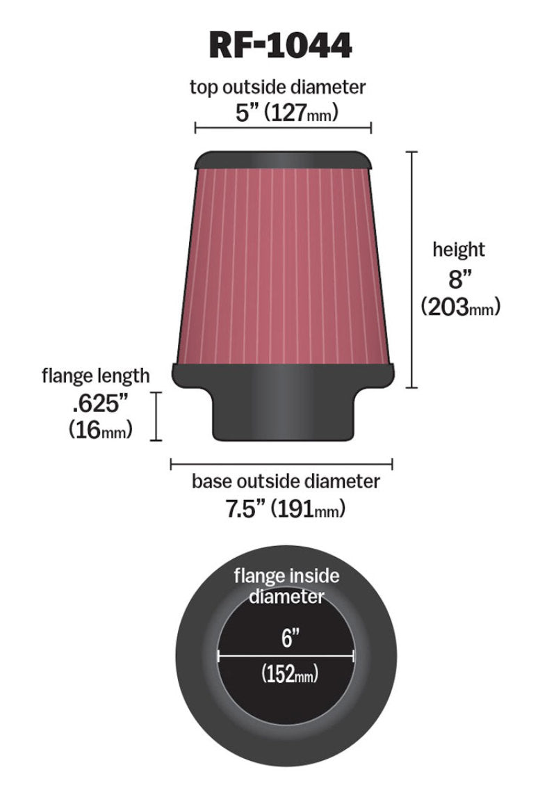 K&N Round Tapered Universal Air Filter 6 inch Flange 7.5 inch Base 5 inch Top 8 inch Height K&N Engineering Air Filters - Universal Fit AXOPROS