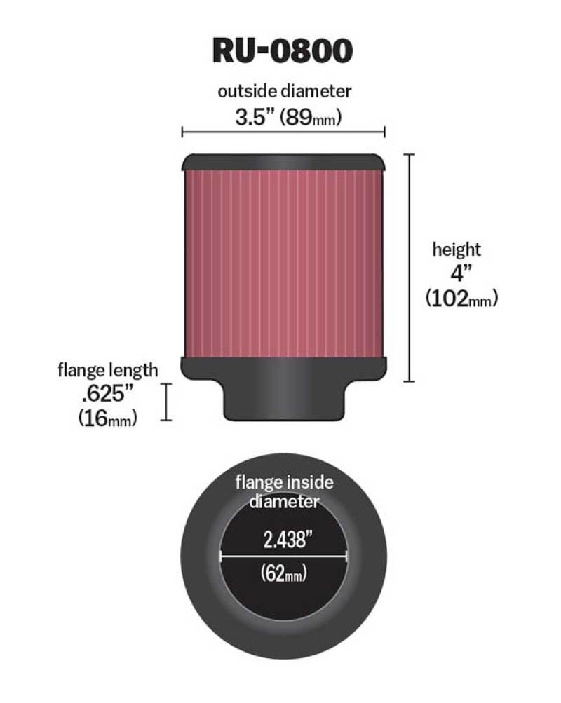 K&N Universal Air Filter - 2-7/16in Flange x 3-1/2in OD x 4in Height K&N Engineering Air Filters - Universal Fit AXOPROS