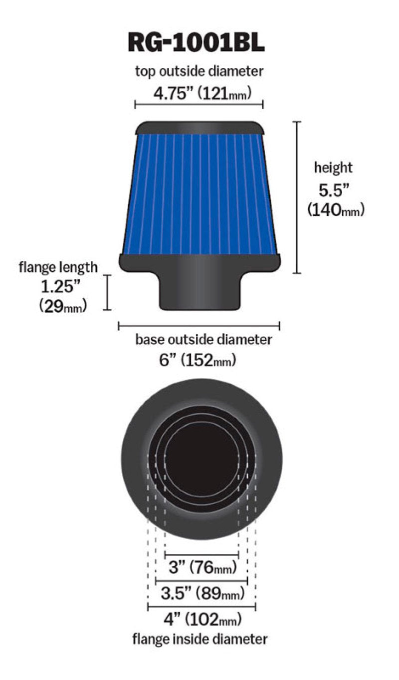 K&N Universal Air Filter Chrome Round Tapered Blue - 4in Flange ID x 1.125in Flange Length x 5.5in H K&N Engineering Air Filters - Universal Fit AXOPROS