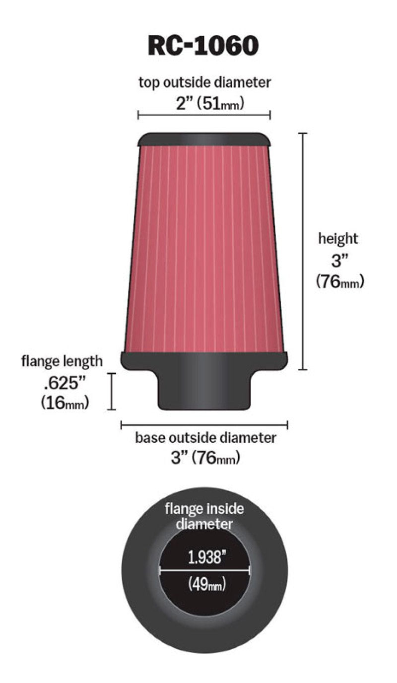 K&N Universal Chrome Filter 1 15/16 inch FLG / 3 inch Base / 2 inch Top / 3 inch Height K&N Engineering Air Filters - Universal Fit AXOPROS