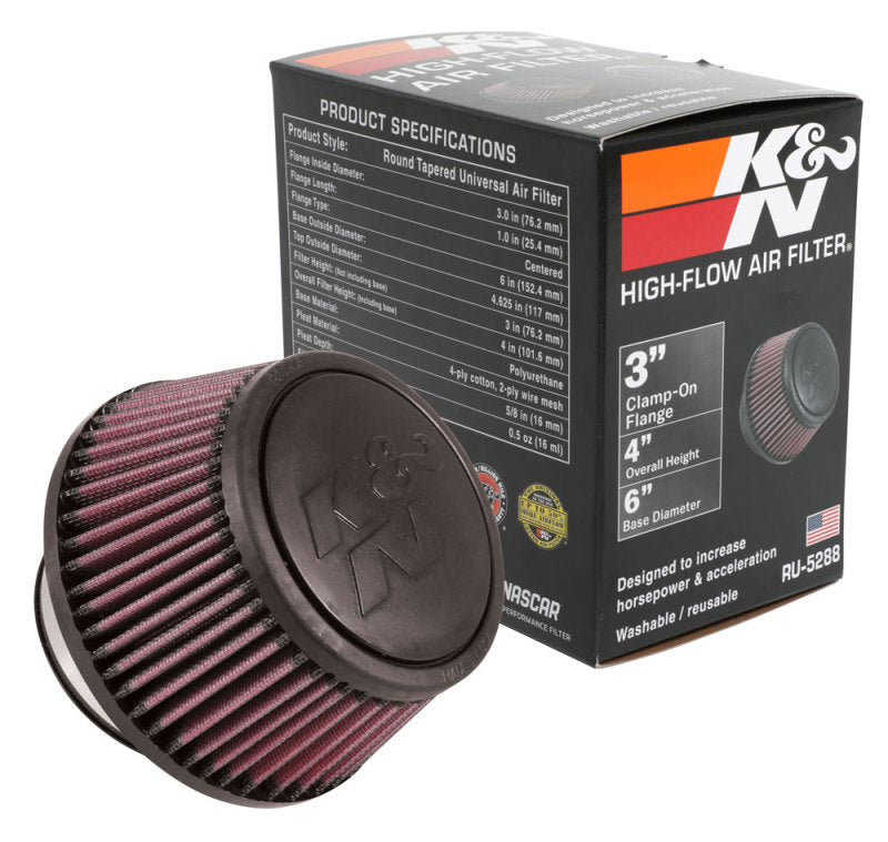 K&N Universal Round Clamp-On Air Filter 3in Flange ID x 6in Base OD x 4.625in Top OD x 3in Height K&N Engineering Air Filters - Universal Fit  AXOPROS
