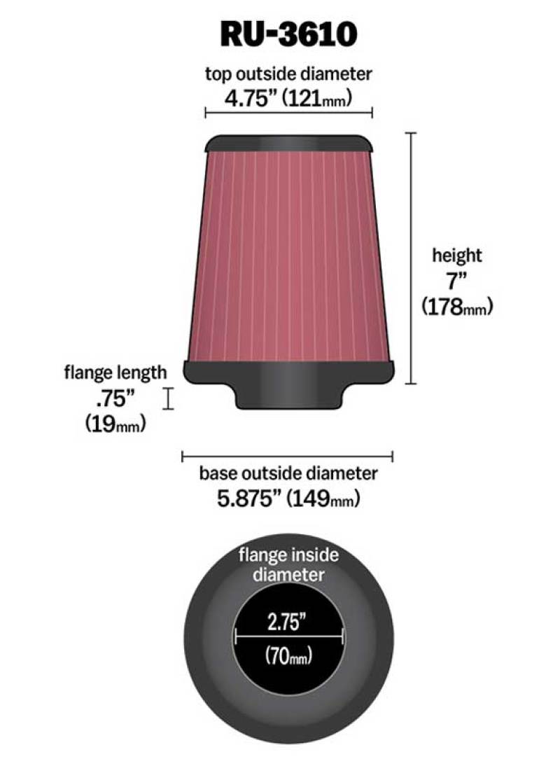 K&N Universal Rubber Filter 2.75in Flange ID x 5.875in Base OD x 4.75in Top OD x 7in Height K&N Engineering Air Filters - Universal Fit  AXOPROS