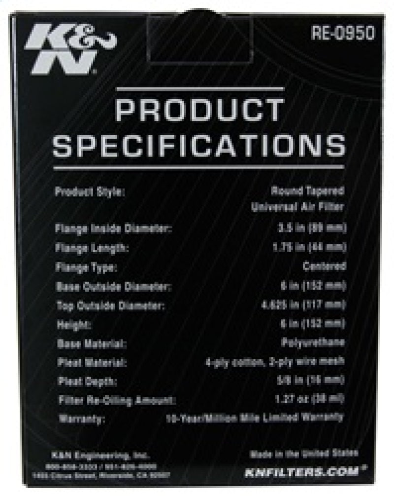 K&N Universal Rubber Filter 3 1/2inch ID FLG / 6inch Base / 4-5/8inch Top / 6inch Height K&N Engineering Air Filters - Universal Fit AXOPROS