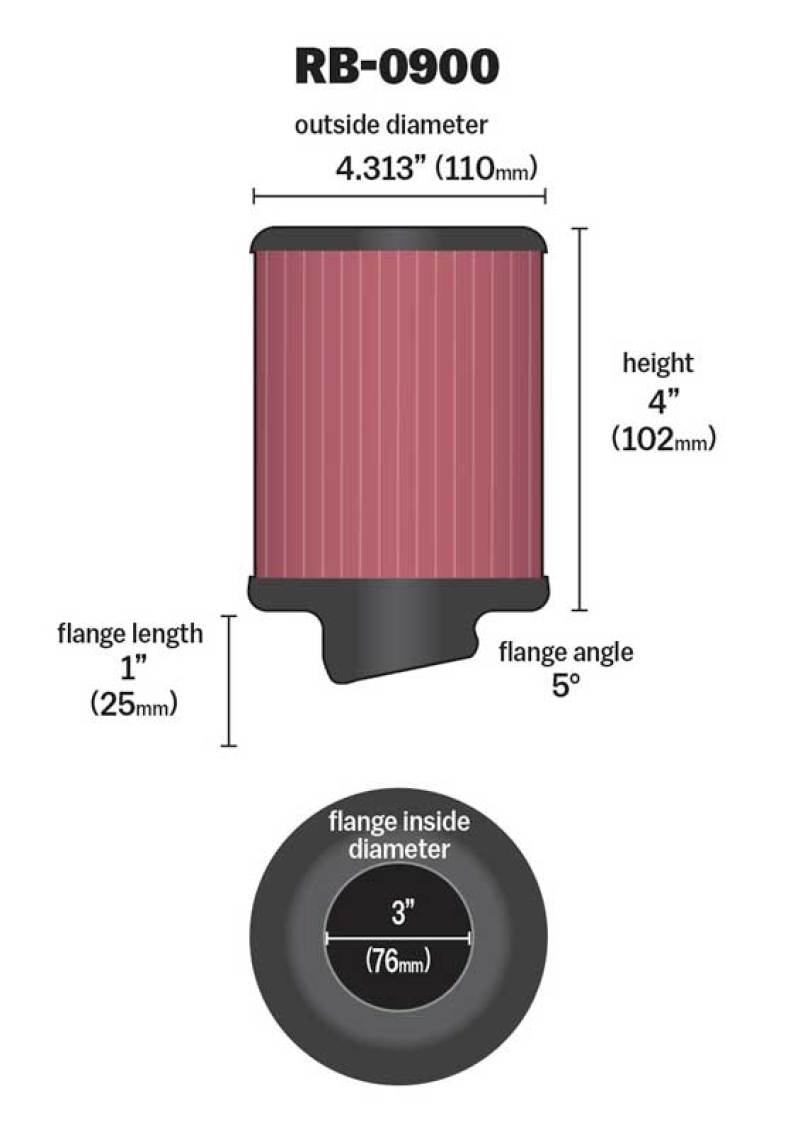 K&N Universal Rubber Filter 3 inch 5 Degree FLG 4 1/2 inch OD 4 inch Height K&N Engineering Air Filters - Universal Fit AXOPROS