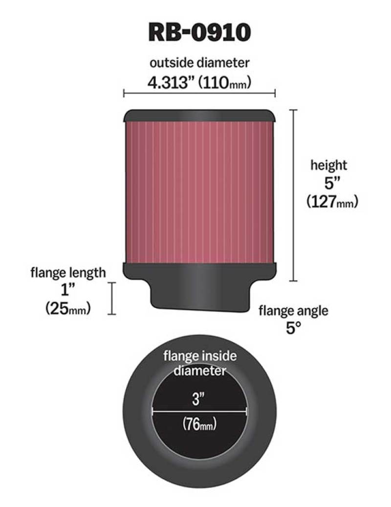 K&N Universal Rubber Filter 3 inch 5 Degree FLG 4 1/2 inch OD 5 inch Height K&N Engineering Air Filters - Universal Fit AXOPROS