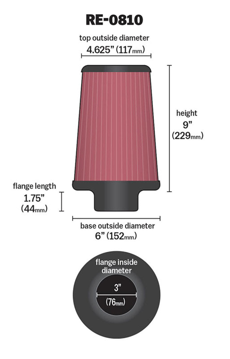 K&N Universal Rubber Filter 3inch FLG / 6inch OD-B / 4-5/8inch OD-T / 9inch L K&N Engineering Air Filters - Universal Fit AXOPROS