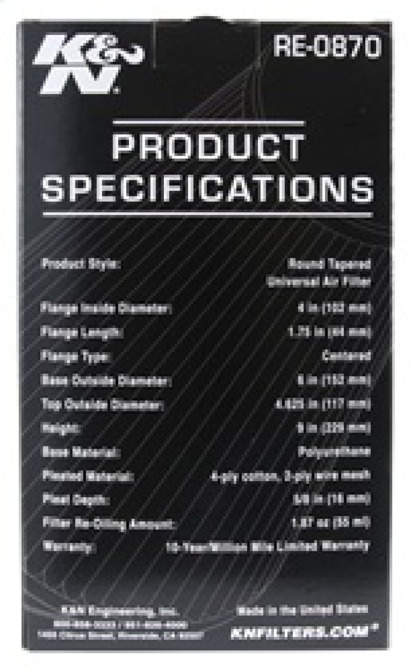 K&N Universal Rubber Filter 4inch FLG / 6inch OD-B / 4-5/8inch OD-T / 9inch H K&N Engineering Air Filters - Universal Fit AXOPROS