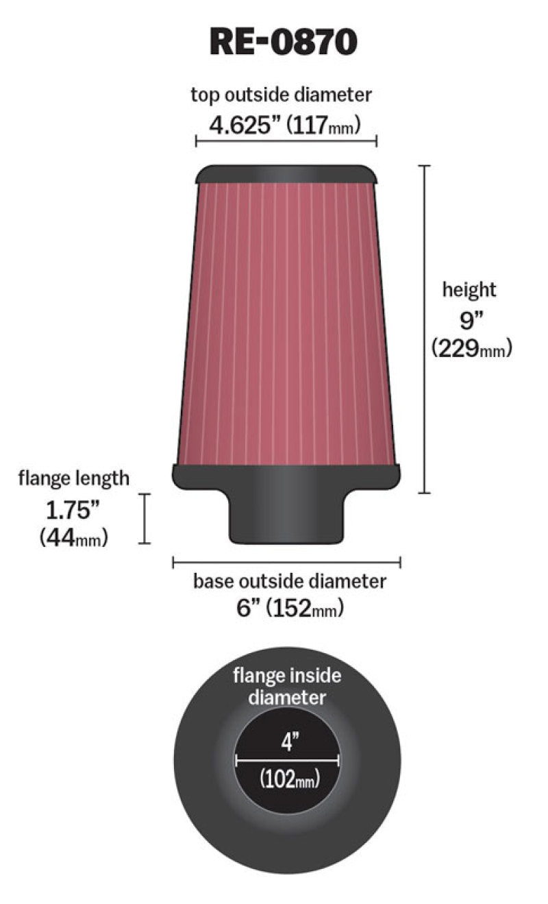 K&N Universal Rubber Filter 4inch FLG / 6inch OD-B / 4-5/8inch OD-T / 9inch H K&N Engineering Air Filters - Universal Fit AXOPROS