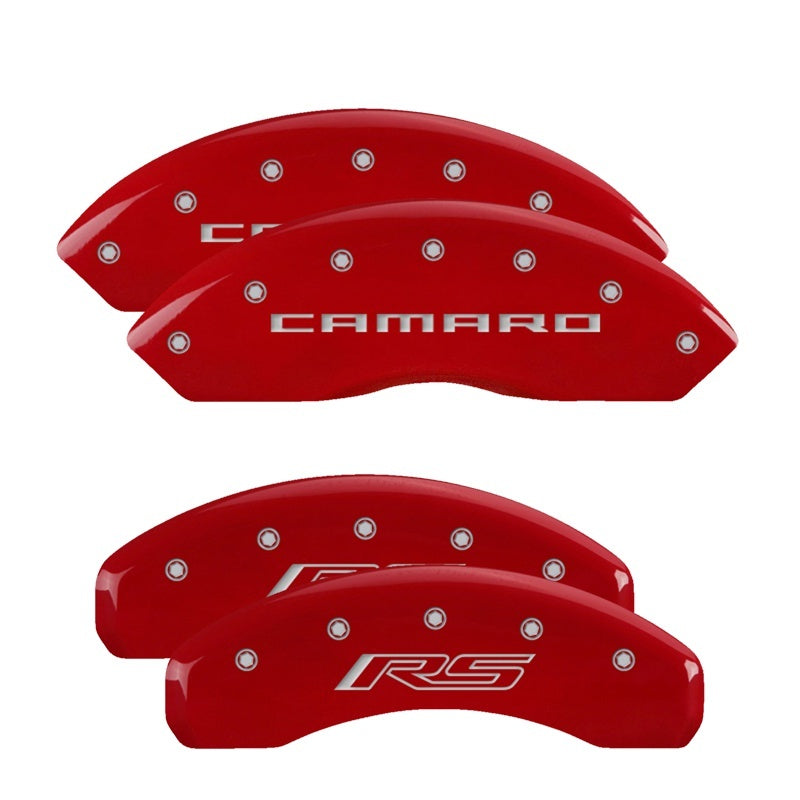 MGP 4 Caliper Covers Engraved Front Gen 5/Camaro Engraved Rear Gen 5/RS Red finish silver ch MGP Caliper Covers AXOPROS