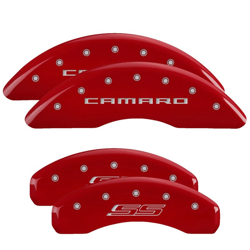 MGP 4 Caliper Covers Engraved Front Gen 5/Camaro Engraved Rear Gen 5/SS Red finish silver ch MGP Caliper Covers AXOPROS