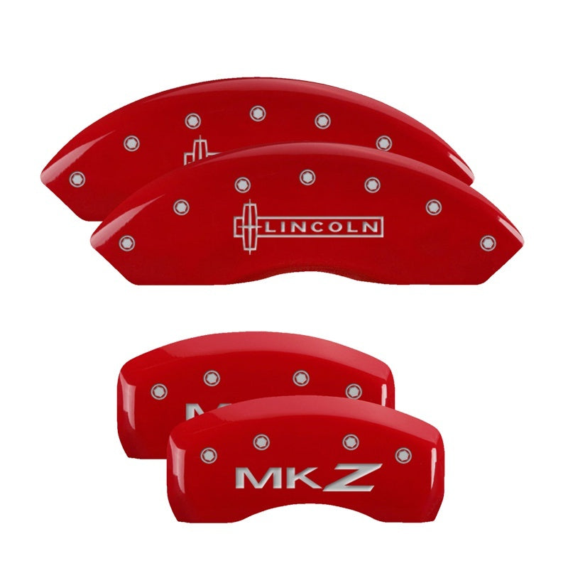 MGP 4 Caliper Covers Engraved Front Lincoln Engraved Rear MKZ Red finish silver ch MGP Caliper Covers AXOPROS