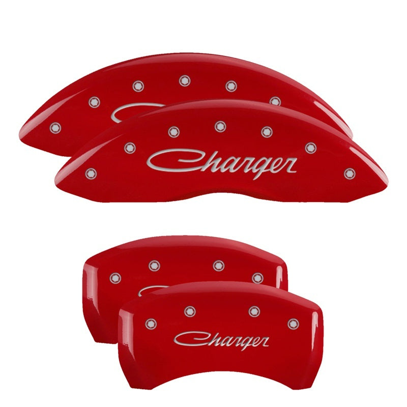 MGP 4 Caliper Covers Engraved Front & Rear Cursive/Charger Red finish silver ch MGP Caliper Covers AXOPROS