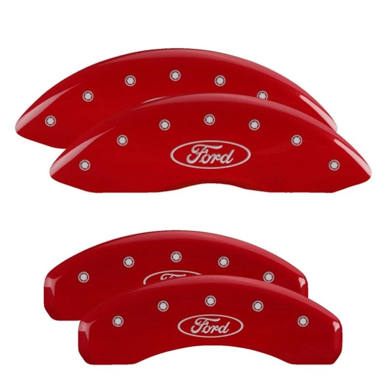 MGP 4 Caliper Covers Engraved Front & Rear Ford Oval Logo Red Finish Silver Char 2021 Ford F-150 MGP Caliper Covers AXOPROS