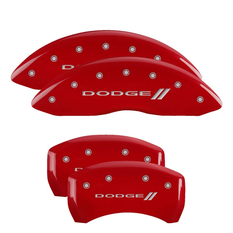 MGP 4 Caliper Covers Engraved Front & Rear With stripes/Dodge Red finish silver ch MGP Caliper Covers AXOPROS