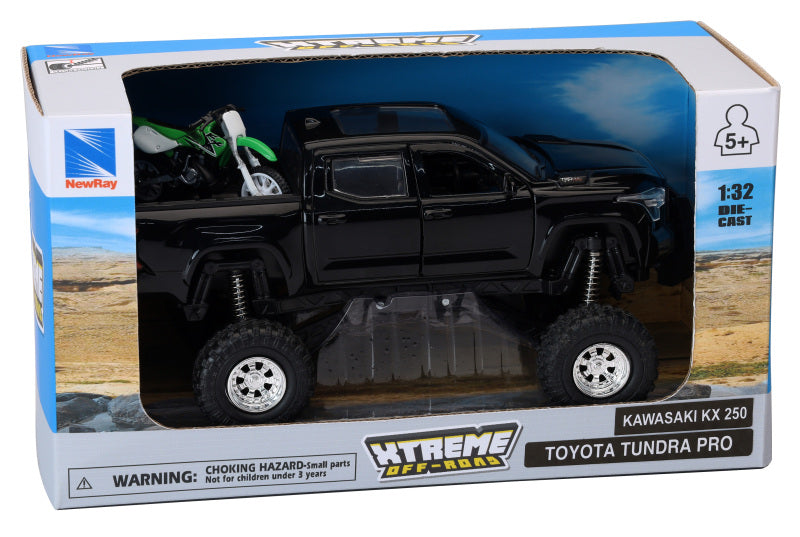 New Ray Toys Toyota Tundra Pro Lifted Truck Black with Kawasaki Dirt Bike 1:32 Scale New Ray Toys Toys AXOPROS