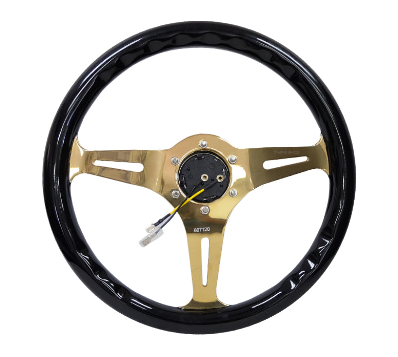 NRG Classic Wood Grain Steering Wheel (350mm) Black Grip w/Chrome Gold 3-Spoke Center NRG Steering Wheels AXOPROS
