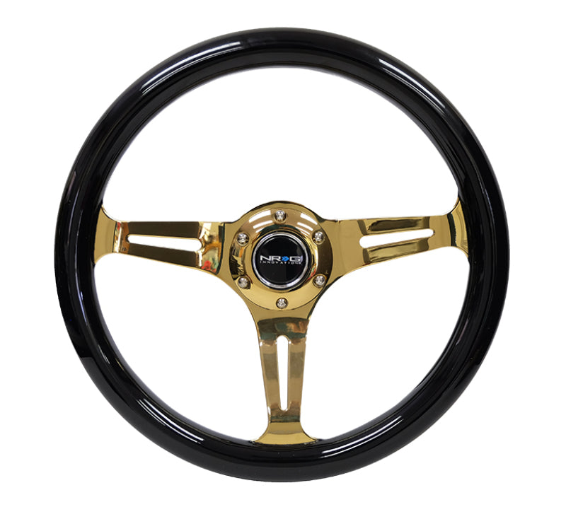 NRG Classic Wood Grain Steering Wheel (350mm) Black Grip w/Chrome Gold 3-Spoke Center NRG Steering Wheels AXOPROS