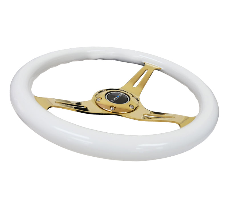 NRG Classic Wood Grain Steering Wheel (350mm) White Grip w/Chrome Gold 3-Spoke Center NRG Steering Wheels AXOPROS