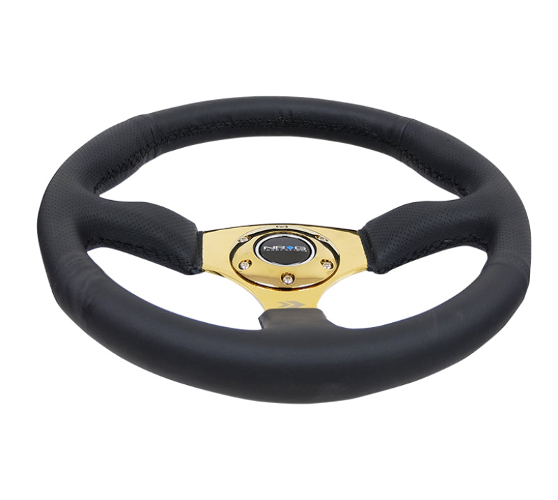 NRG Reinforced Steering Wheel (350mm / 2.5in. Deep) Leather Race Comfort Grip w/4mm Gold Spokes NRG Steering Wheels AXOPROS