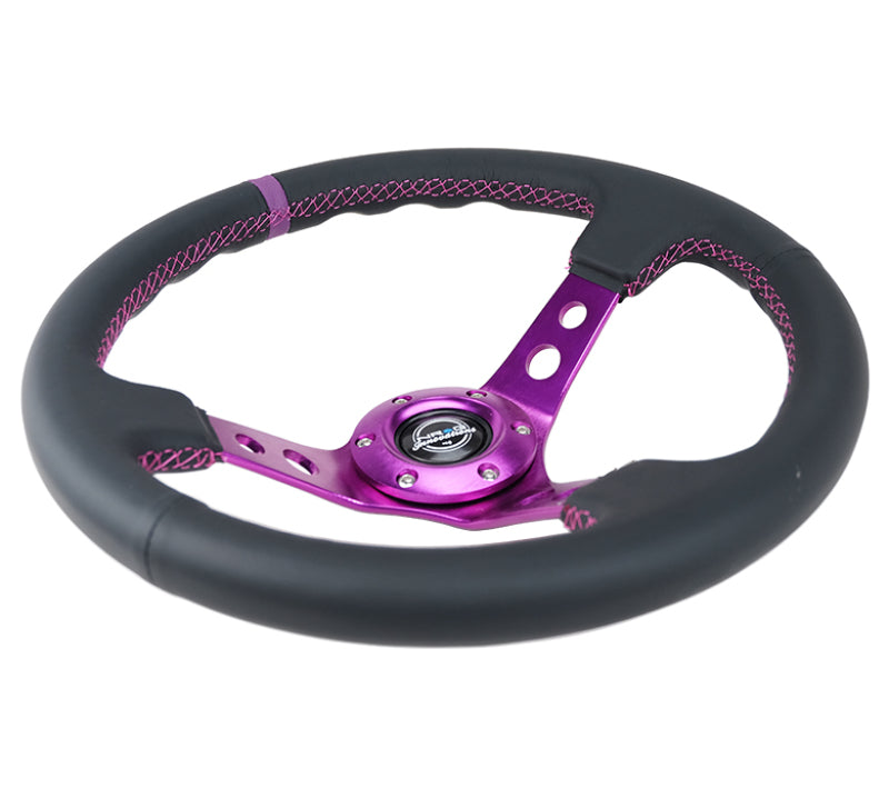 NRG Reinforced Steering Wheel (350mm / 3in. Deep) Black Leather w/Purple Center & Purple Stitching NRG Steering Wheels AXOPROS