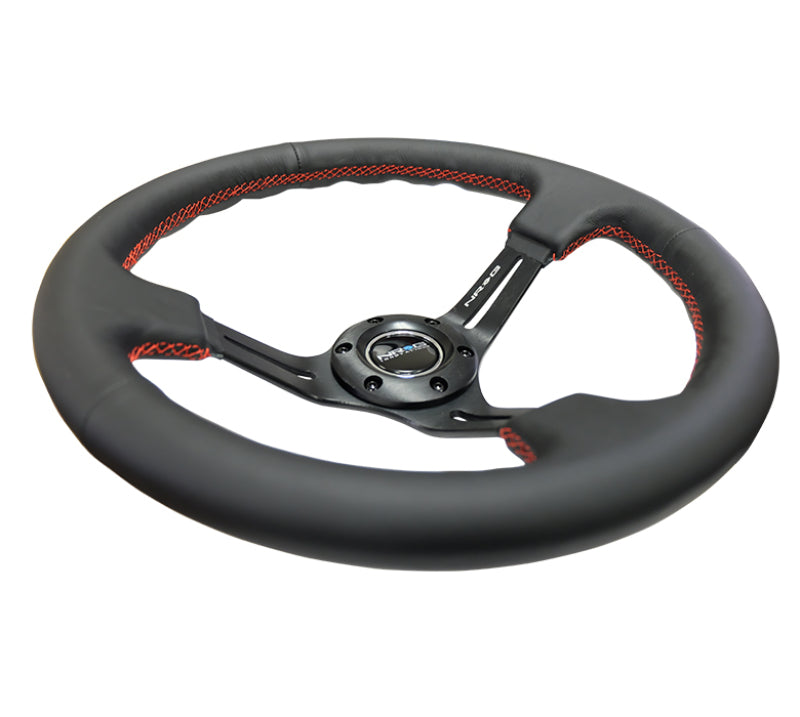 NRG Reinforced Steering Wheel (350mm / 3in. Deep) Black Leather/Red Stitch & Blk 3-Spoke w/Slits NRG Steering Wheels AXOPROS