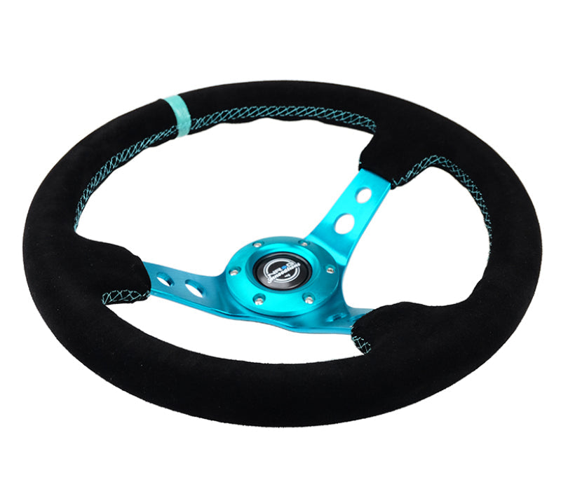 NRG Reinforced Steering Wheel (350mm/ 3in. Deep) Black Suede/ Teal Center Mark/ Teal Stitching NRG Steering Wheels AXOPROS