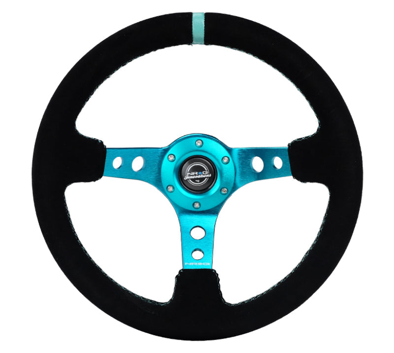 NRG Reinforced Steering Wheel (350mm/ 3in. Deep) Black Suede/ Teal Center Mark/ Teal Stitching NRG Steering Wheels AXOPROS