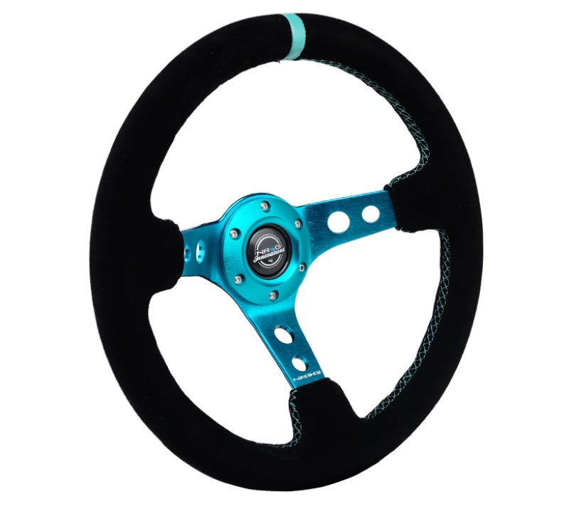 NRG Reinforced Steering Wheel (350mm/ 3in. Deep) Black Suede/ Teal Center Mark/ Teal Stitching NRG Steering Wheels AXOPROS