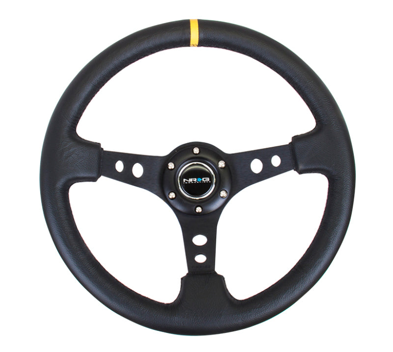 NRG Reinforced Steering Wheel (350mm / 3in. Deep) Blk Leather w/Blk Cutout Spoke/Yellow Center Mark NRG Steering Wheels AXOPROS