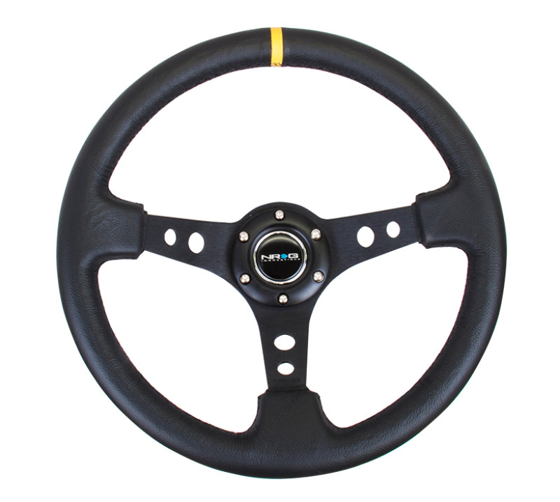 NRG Reinforced Steering Wheel (350mm / 3in. Deep) Blk Leather w/Blk Cutout Spoke/Yellow Center Mark NRG Steering Wheels AXOPROS