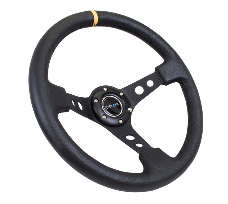 NRG Reinforced Steering Wheel (350mm / 3in. Deep) Blk Leather w/Blk Cutout Spoke/Yellow Center Mark NRG Steering Wheels AXOPROS