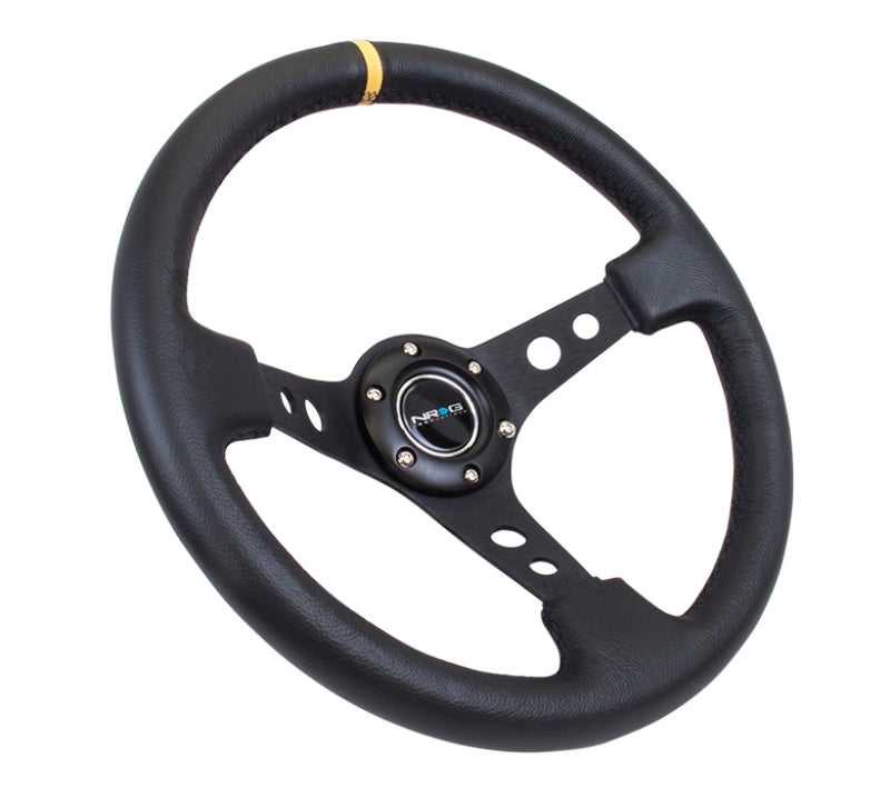 NRG Reinforced Steering Wheel (350mm / 3in. Deep) Blk Leather w/Blk Cutout Spoke/Yellow Center Mark NRG Steering Wheels AXOPROS