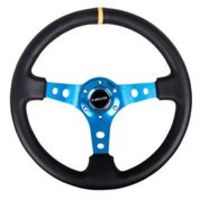 NRG Reinforced Steering Wheel (350mm / 3in. Deep) Blk Leather w/Blue Cutout Spoke & Single Yellow CM NRG Steering Wheels AXOPROS
