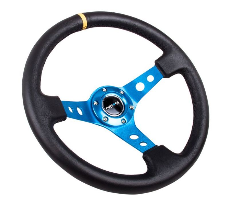 NRG Reinforced Steering Wheel (350mm / 3in. Deep) Blk Leather w/Blue Cutout Spoke & Single Yellow CM NRG Steering Wheels AXOPROS