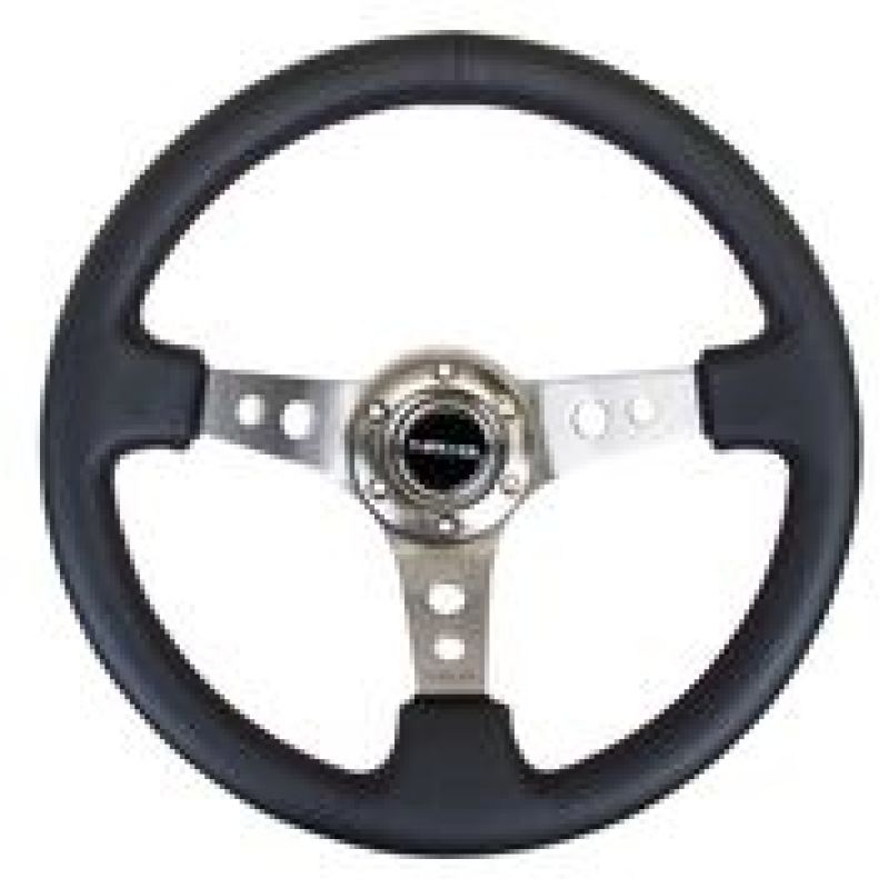 NRG Reinforced Steering Wheel (350mm / 3in. Deep) Blk Leather w/Gunmetal Circle Cutout Spokes NRG Steering Wheels AXOPROS
