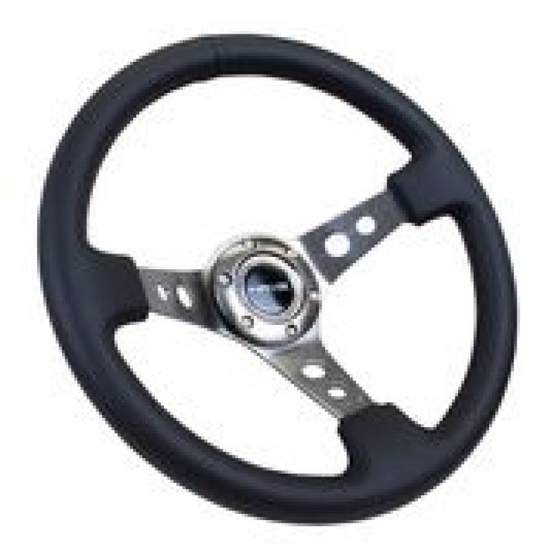 NRG Reinforced Steering Wheel (350mm / 3in. Deep) Blk Leather w/Gunmetal Circle Cutout Spokes NRG Steering Wheels AXOPROS