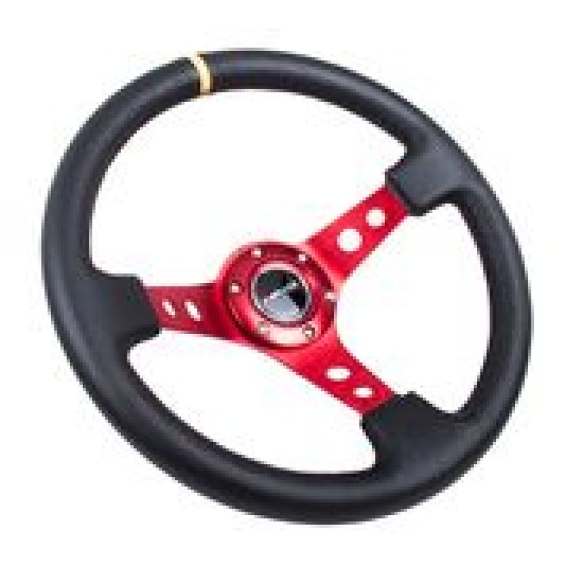 NRG Reinforced Steering Wheel (350mm / 3in. Deep) Blk Leather w/Red Spokes & Sgl Yellow Center Mark NRG Steering Wheels AXOPROS