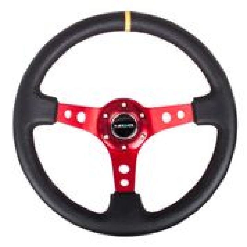 NRG Reinforced Steering Wheel (350mm / 3in. Deep) Blk Leather w/Red Spokes & Sgl Yellow Center Mark NRG Steering Wheels AXOPROS