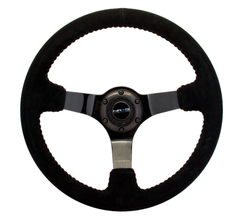 NRG Reinforced Steering Wheel (350mm / 3in. Deep) Blk Suede w/Red BBall Stitch & Black 3-Spoke NRG Steering Wheels AXOPROS